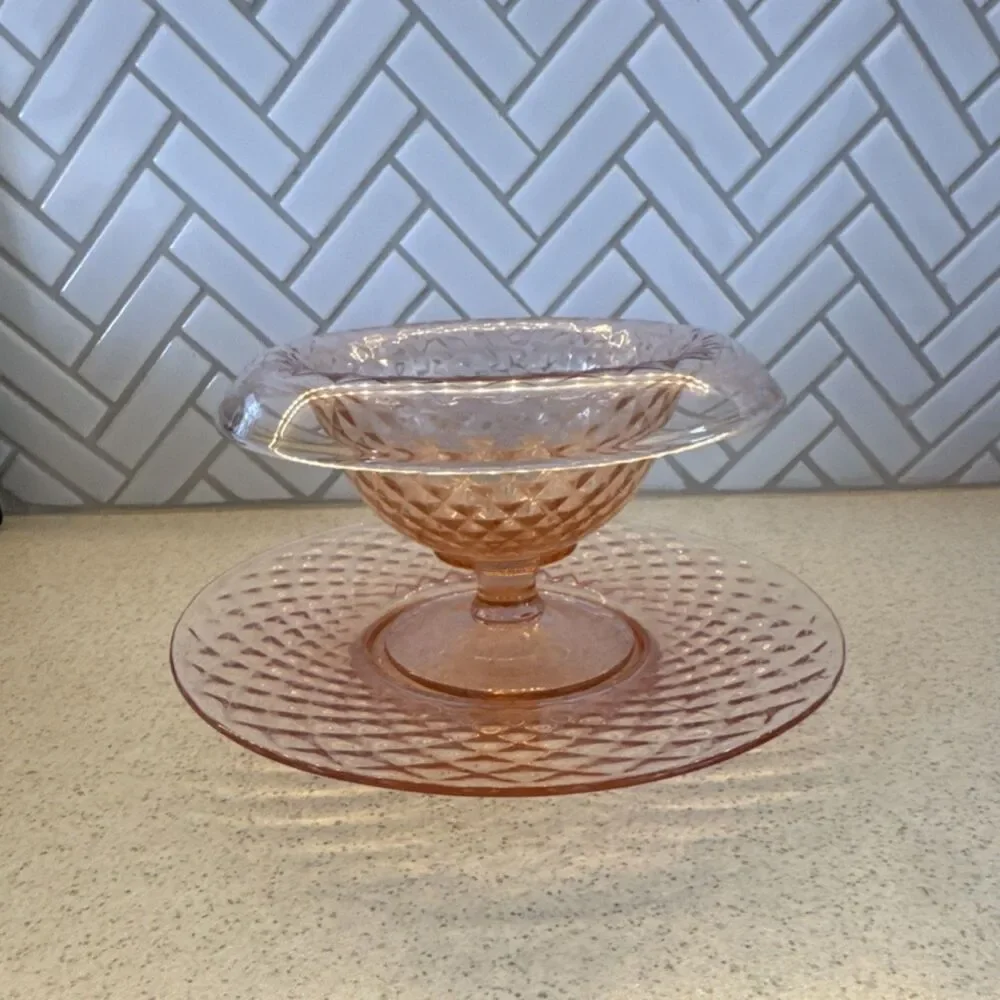 Imperial Pink Pressed Glass Diamond Pattern Round Bowl Glossy Finish